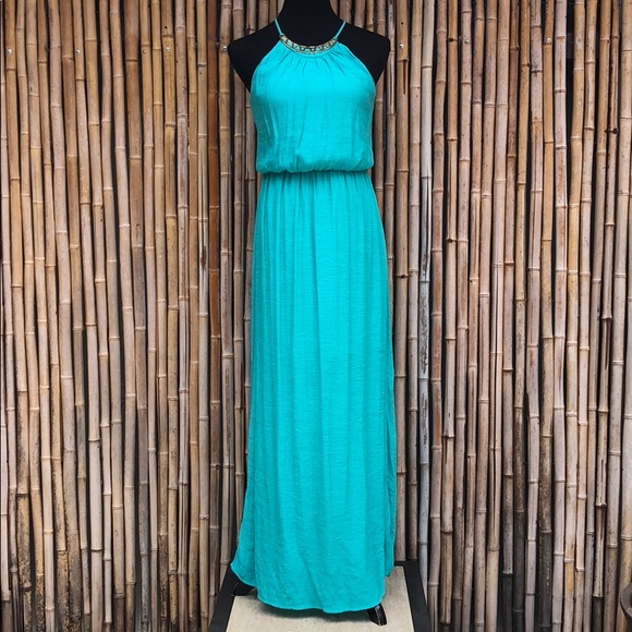 As U Wish Dresses & Skirts - Gorgeous Semi-sheer Teal Maxi Dress Gold Neck Pc S